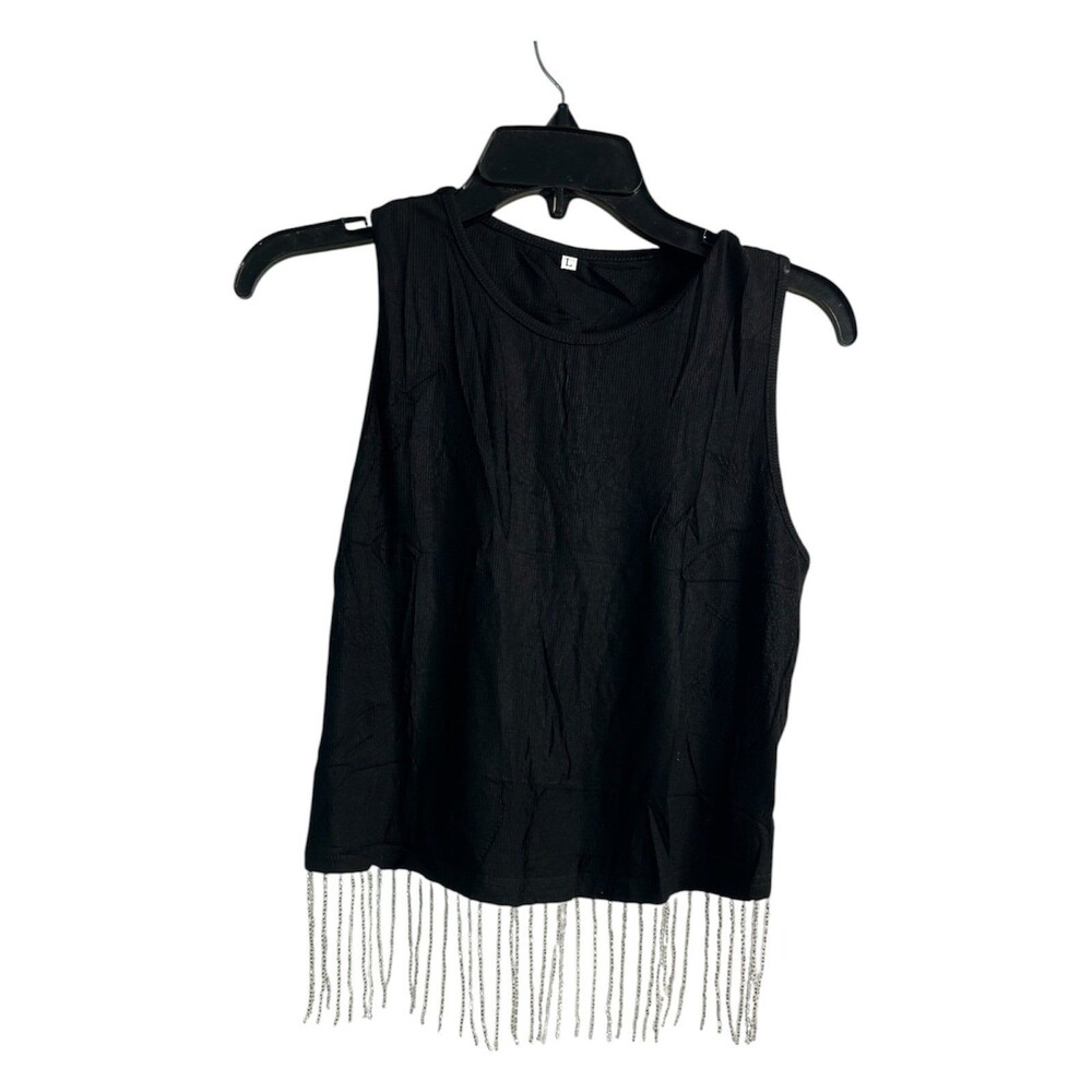 Women's Black Sleeveless Tank Top with Rhinestone Fringe Size L